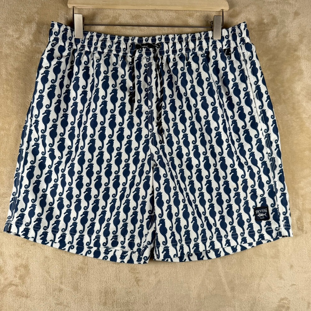Spicy Tuna Mens XL Swim Trunks Seahorse Print Navy Blue White Board Shorts